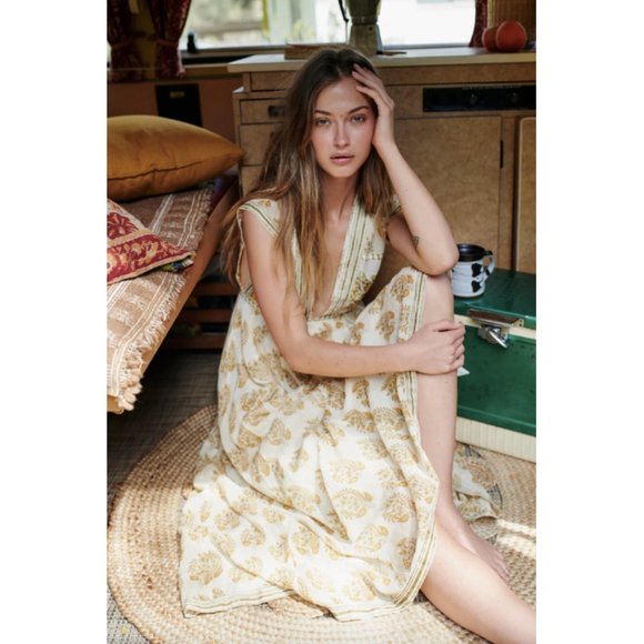 ISO Free People cream gold bohemian Riakaa v-neck lightweight cotton maxi dress - Picture 1 of 8